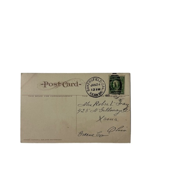 Vtg 1910 Postcard Clock Tower Chester Avenue Bakersville CA Horse Trolley Posted - Picture 2 of 2